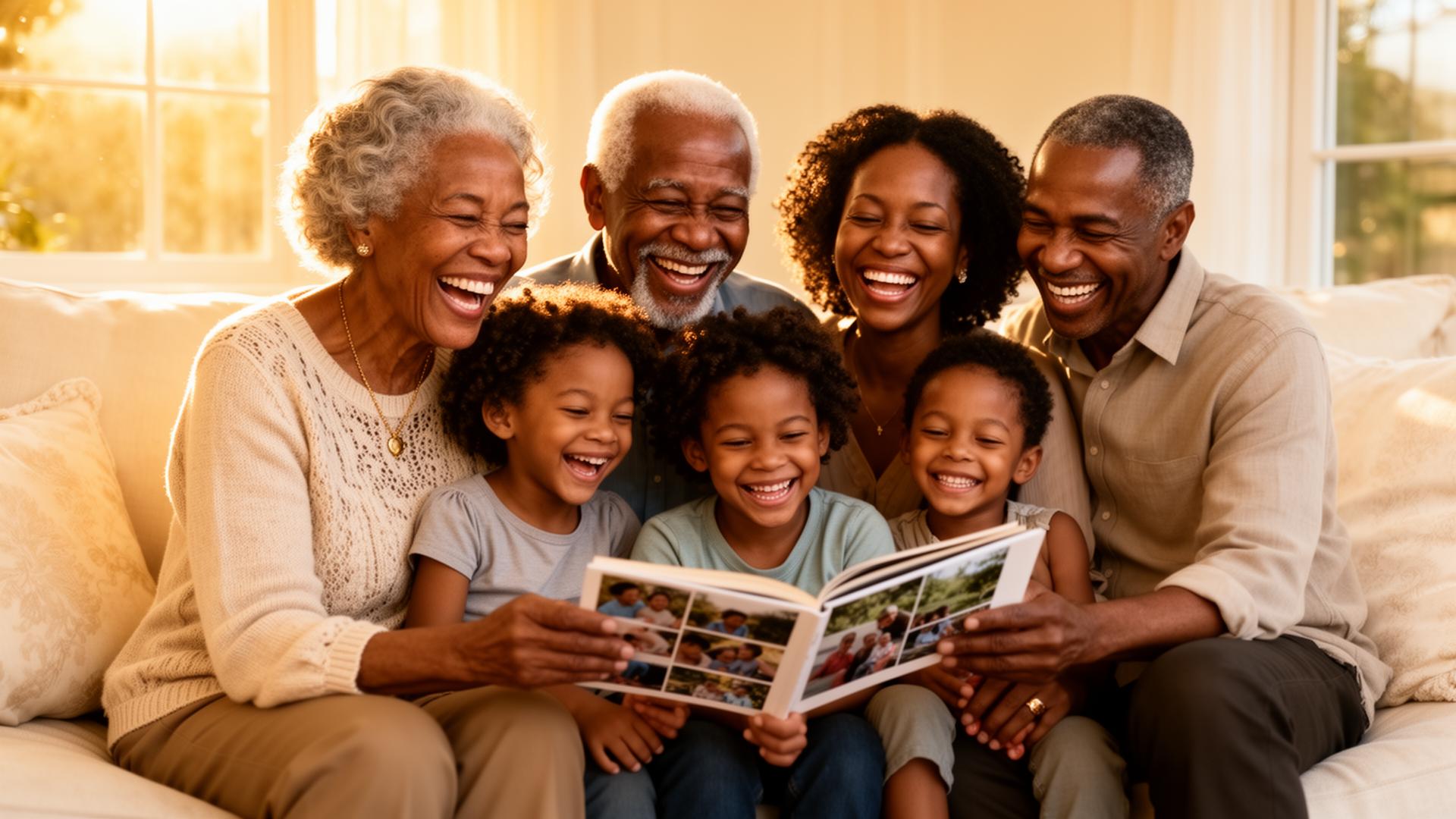 A warm, multigenerational family laughing together at home